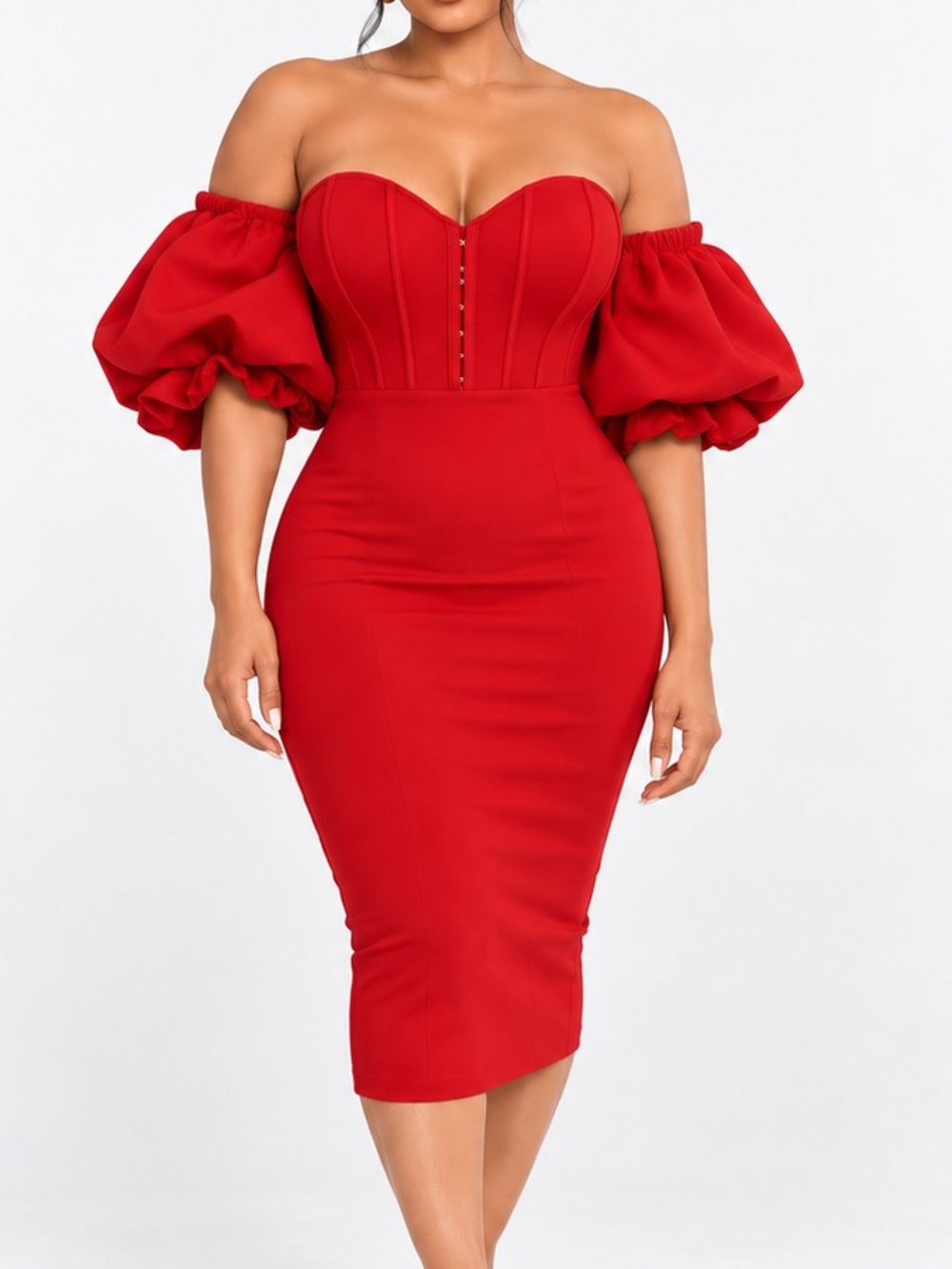 Amazon Red Off-Shoulder Puff Sleeve Corset Midi Dress
